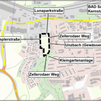 Übersichtslageplan mit Geltungsbereich (schwarz gestrichelt) des Bebauungsplans Nr. 68 Wohngebiet „Am Unzbach“ der Stadt Bad Salzungen (Kartengrundlage: WEBAtlasDE ©; Quelle: GDI-Th © I GeoBasis-DE © / BKG 2023; ohne Maßstab]